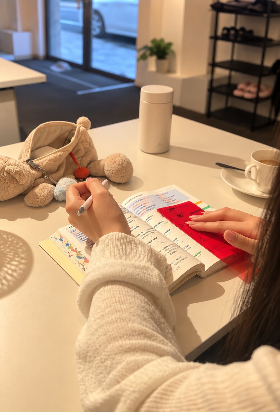 手帳に自分の考えを書き込む生徒の手元
